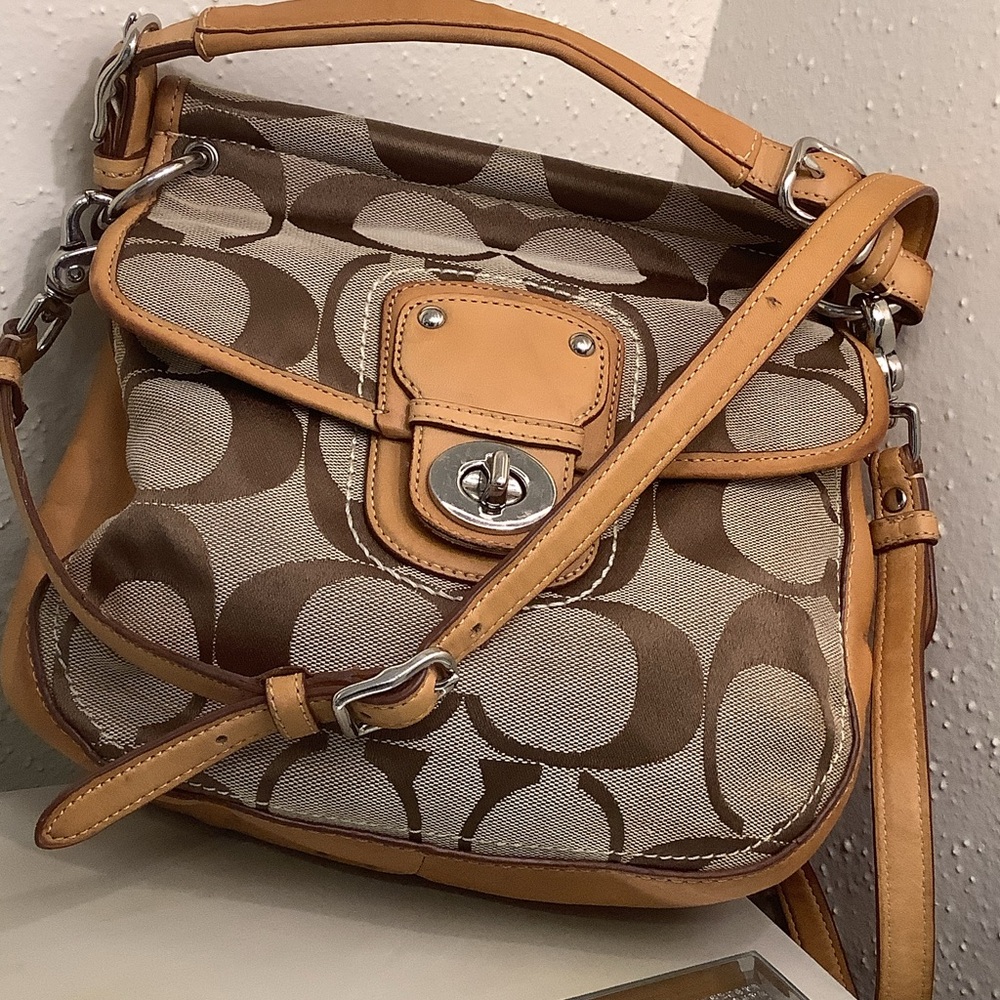 Coach Signature Canvas Crossbody in Brown and Tan Leather Trim